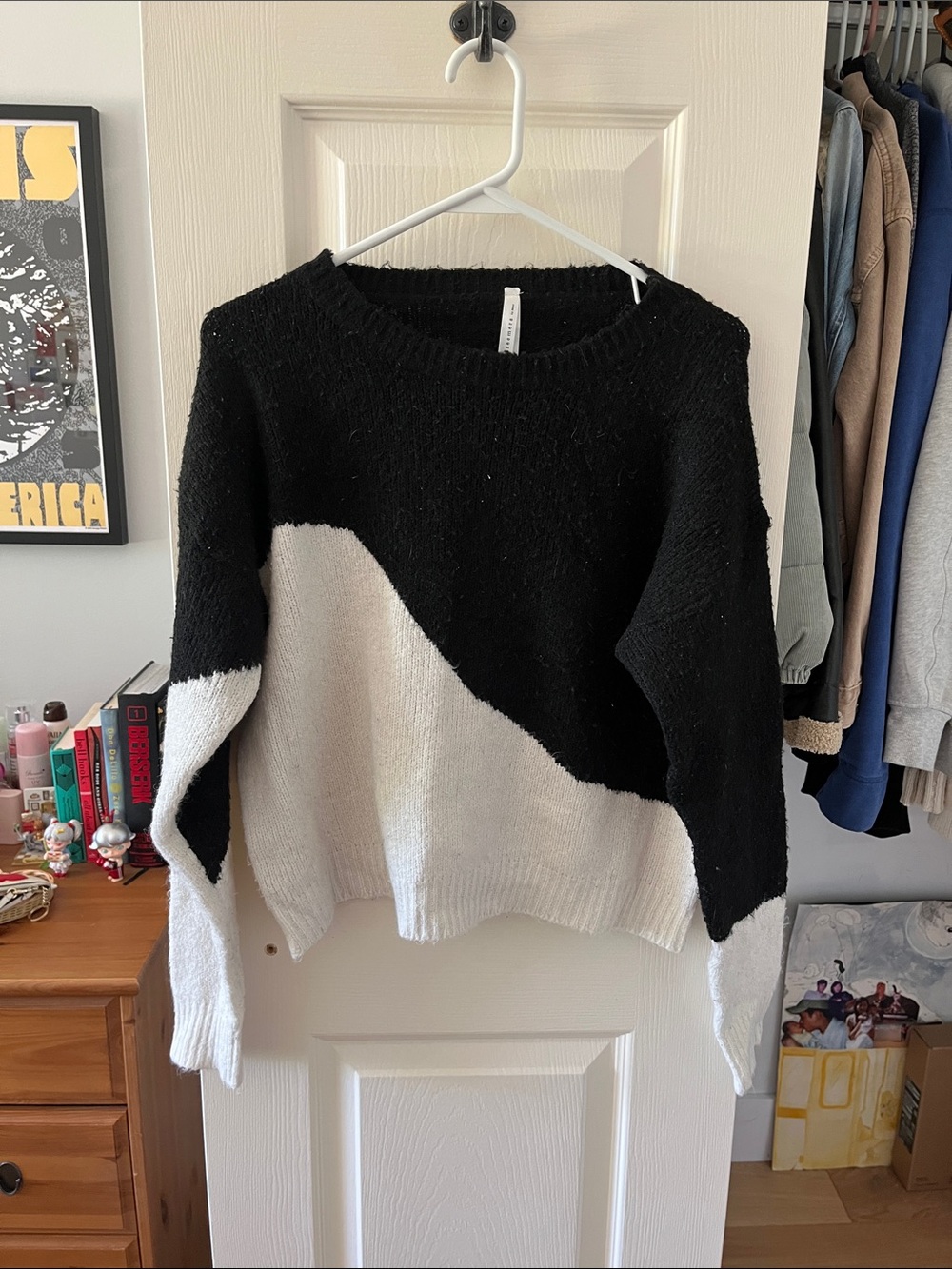 Black and White Colorblock Crewneck Sweater